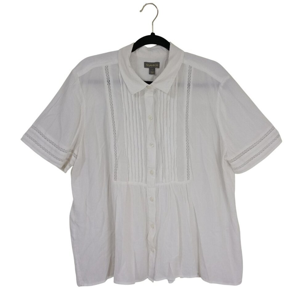 Blouse Button-Front Pintuck & Lace Detail By Style & Co White Womens Size L Boho